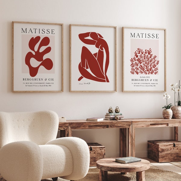 Matisse Set of 3 Prints, Henri Matisse Wall Art, Abstract Large Modern Art Poster, Burgundy Exhibition Art Printable | DIGITAL download