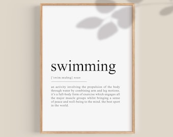 May include: A black and white printable definition of the word "swimming" with the pronunciation and a description of the activity.