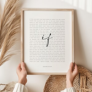 May include: A framed print with a light wood frame, featuring a poem by Rudyard Kipling. The text is in black on a white background. The print is held by hands, with a neutral background.