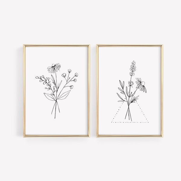 Line Art Botanical Prints, Flower Bouquet Wall Art, Ensemble de 2 imprimés floraux, décoration murale du salon, art minimaliste, téléchargement numérique
