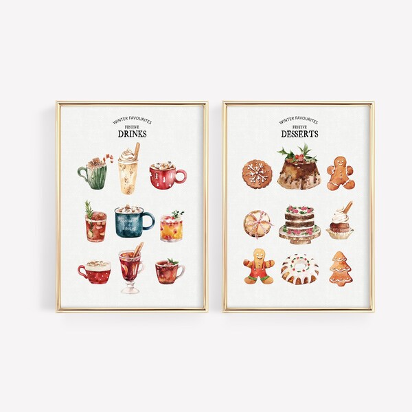 Christmas Print Set of 2 Gingerbread Man Holiday Poster Seasonal Prints Christmas Printable, Xmas Kitchen print yourself art | DIGITAL