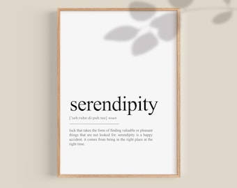Impresión de definición de serendipity, signo de serendipity, cartel de serendipity, citas motivacionales, decoración de la pared del dormitorio, imprimible
