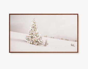 Samsung Frame TV Art Christmas Painting Winter Frame TV Art Snowy Pine Tree with Lights Rustic Landscape Country Decor Winter Wonderland Art