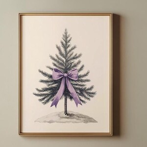 May include: A framed illustration of a stylized Christmas tree with a purple bow. The tree is on a white background with a snowy base. The frame is gold.