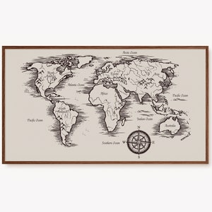 Samsung Frame TV Art World Map Sketch, vintage Geographical Home Decor, Affiche tendance pour 4K TV | Impressions murales de voyage neutres DIGITAL Télécharger