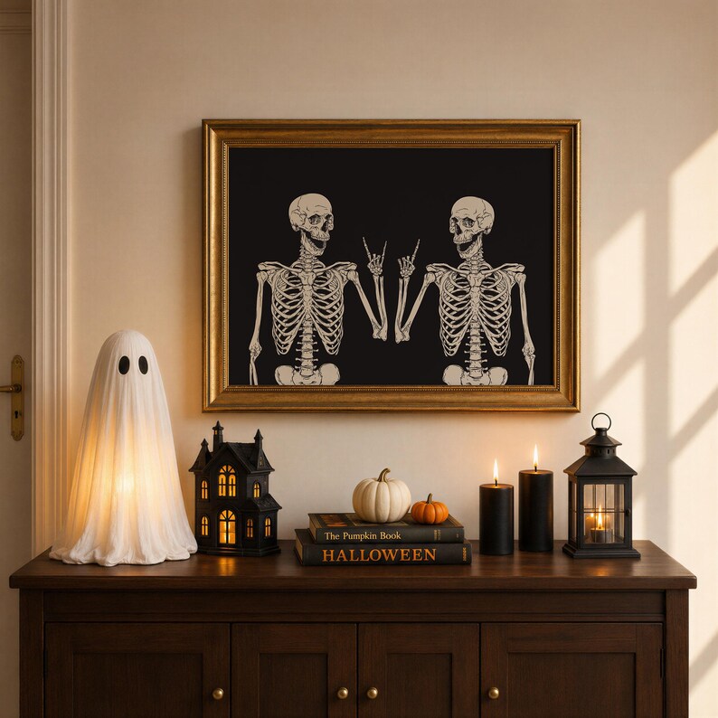 May include: A framed wall art piece featuring two skeletons on a black background, one making a rock-and-roll hand gesture. The display includes a white ghost lamp, a black house lantern, two pumpkins, two black candles, and two books.