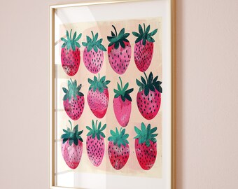Erdbeeren Print, Erdbeeren Wandkunst, Trendy Küche Drucke Retro Rot Rosa College Wohnung Dekor Preppy Ästhetische Wohnheim Room Art DIGITAL