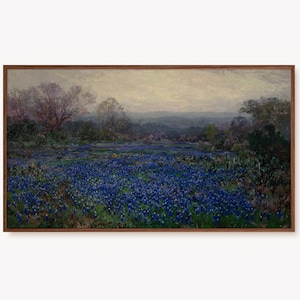 Samsung Frame TV Art Dark Spring Landscape Oil Painting | Vintage Blue Spring Flowers Artwork for The TV Country Decor Digital Download