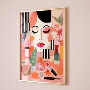 May include: A framed illustration of a woman's face with closed eyes, surrounded by colourful makeup products and flowers. The background is a pink and orange colour.