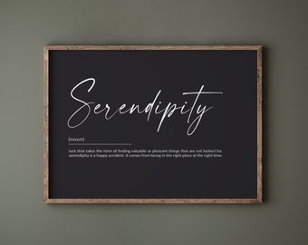Impresión de definición de serendipity, signo de serendipity, impresión de serendipity, citas motivacionales, decoración de la pared del dormitorio, imprimible