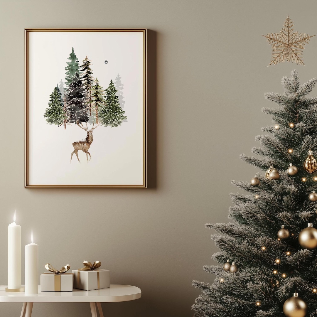 Printable Christmas Prints Deer Wall Art, Snowy Christmas Trees Winter ...