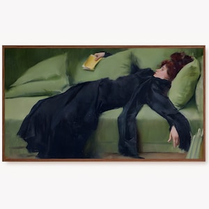 May include: A painting of a woman lying on a green couch, wearing a black dress and holding a yellow book. The woman has red hair and is looking to the side.