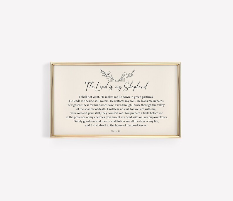 Puede incluir: Una impresi&oacute;n enmarcada en oro con fondo blanco y texto negro. El texto dice "El Se&ntilde;or es mi Pastor" e incluye un vers&iacute;culo del Salmo 23. La impresi&oacute;n presenta un dise&ntilde;o floral simple.