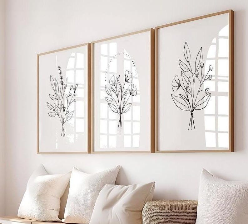 Spring Flower Line Art Print Floral Set of 3 Wall Art Wildflower ...