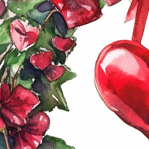May include: A watercolor painting of a red heart with a green leafy garland. The heart is hanging from a red ribbon. The garland is made of leaves and flowers.