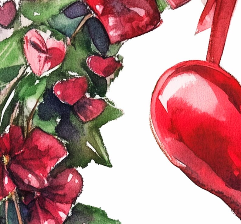 May include: A watercolor painting of a red heart with a green leafy garland. The heart is hanging from a red ribbon. The garland is made of leaves and flowers.