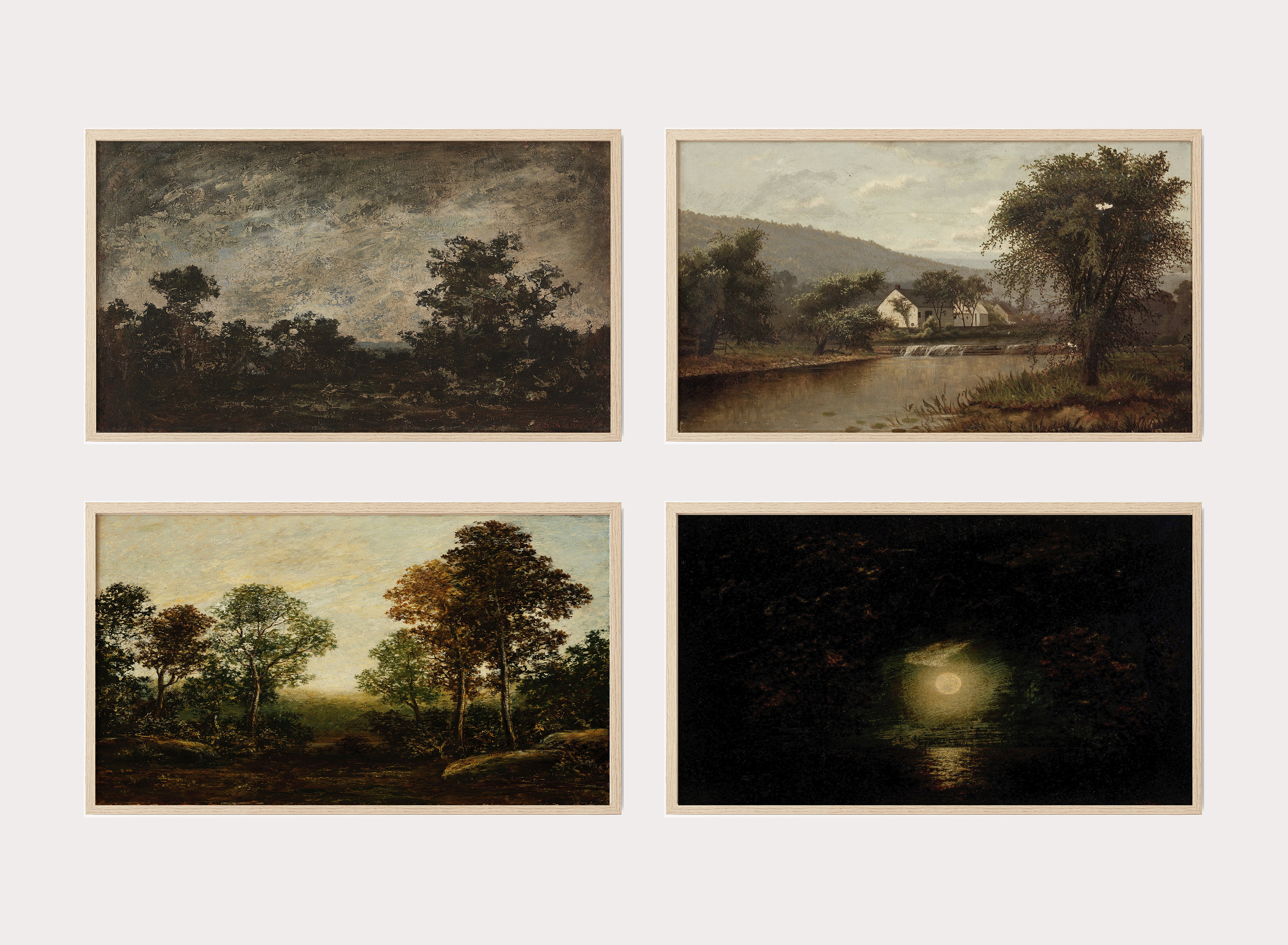 Puede incluir: Un conjunto de cuatro pinturas de paisajes enmarcadas. Las pinturas representan diferentes escenas de la naturaleza, incluyendo un río, árboles y una casa. Las pinturas son de estilo rústico y tienen un aspecto vintage.