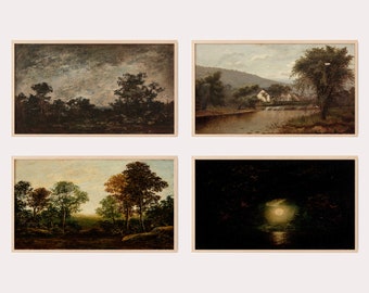 May include: A set of four framed landscape paintings. The paintings depict various scenes of nature, including a river, trees, and a house. The paintings are in a rustic style and have a vintage feel.