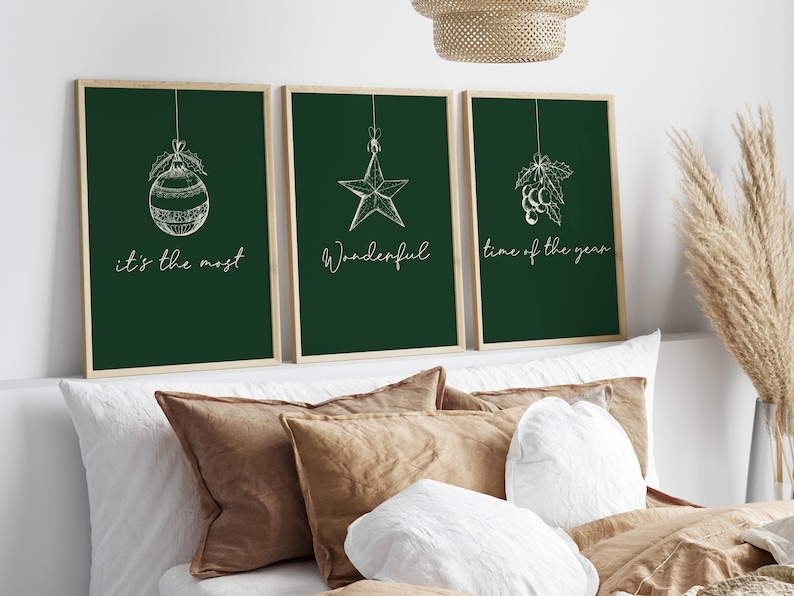 Green Christmas Wall Art, Gallery Set of 3 Merry Christmas Prints,xmas