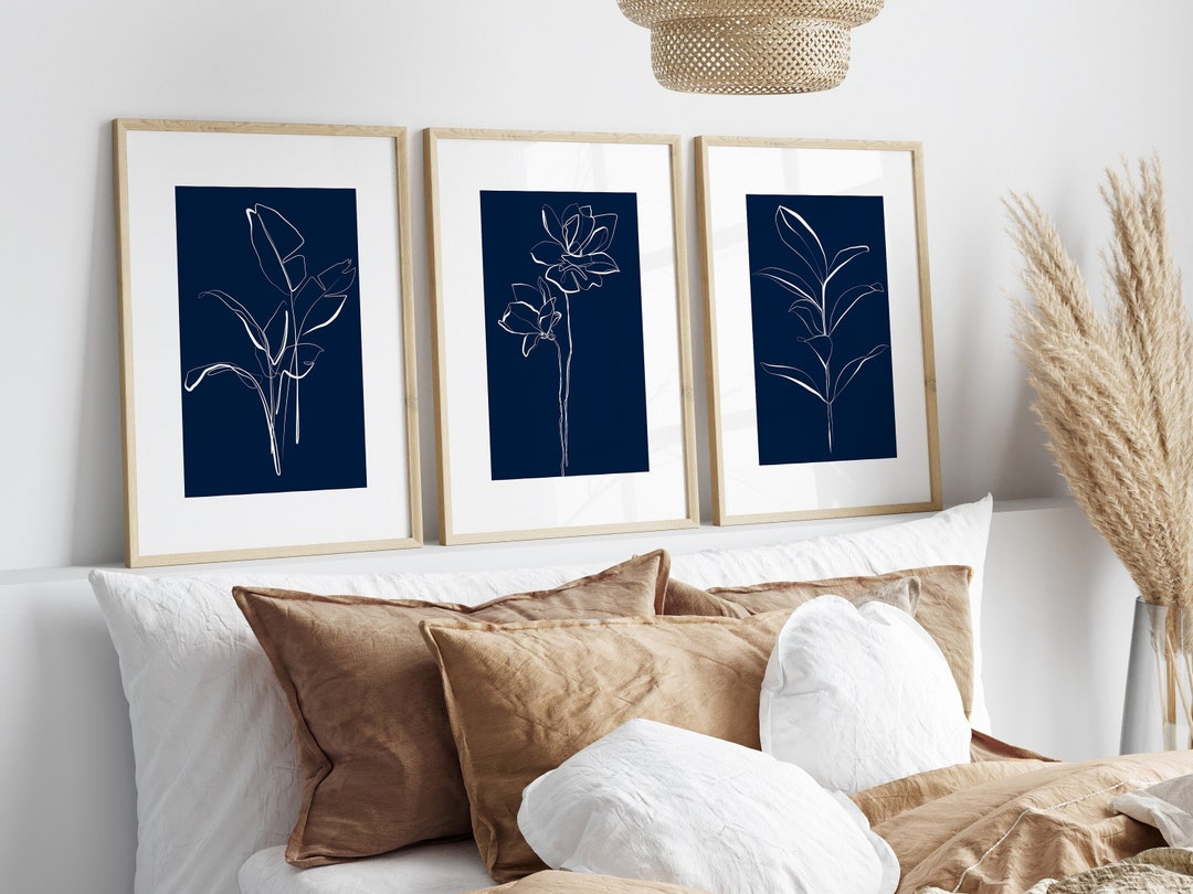 Navy Wall Art Set of 3 Prints Navy Blue Line Art Floral Print Trendy ...