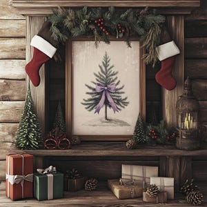 May include: A rustic wooden mantelpiece decorated for Christmas with a framed print of a small evergreen tree with a purple bow, two stockings, and a lantern. The mantelpiece is adorned with greenery, red berries, and pine cones. There are also wrapped gifts on the shelf below.