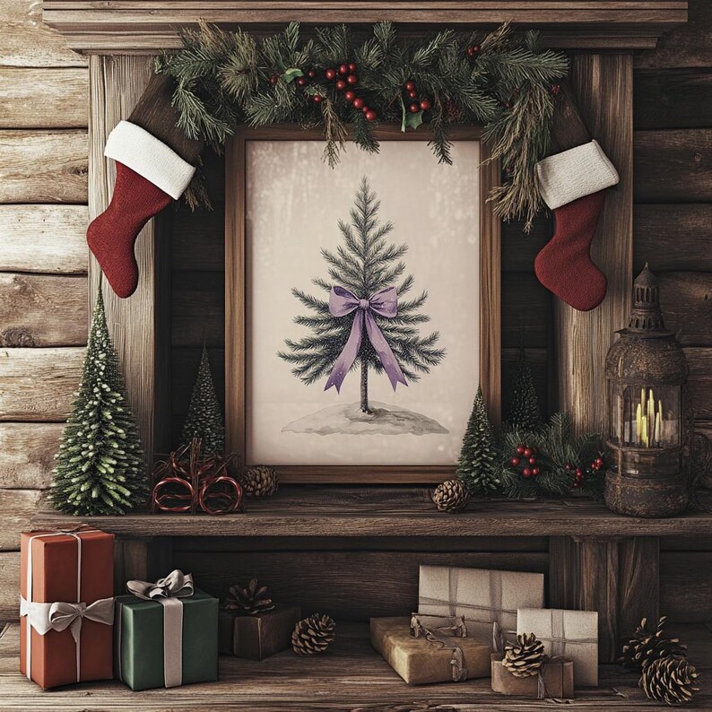 May include: A rustic wooden mantelpiece decorated for Christmas with a framed print of a small evergreen tree with a purple bow, two stockings, and a lantern. The mantelpiece is adorned with greenery, red berries, and pine cones. There are also wrapped gifts on the shelf below.