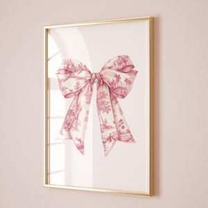 Coquette Pink Bows Digital Wall Art, Chinoiserie Nursery Print, Pink Floral Toile De Jouy Aesthetic Baby Girl Room, Trendy Ribbon Printable