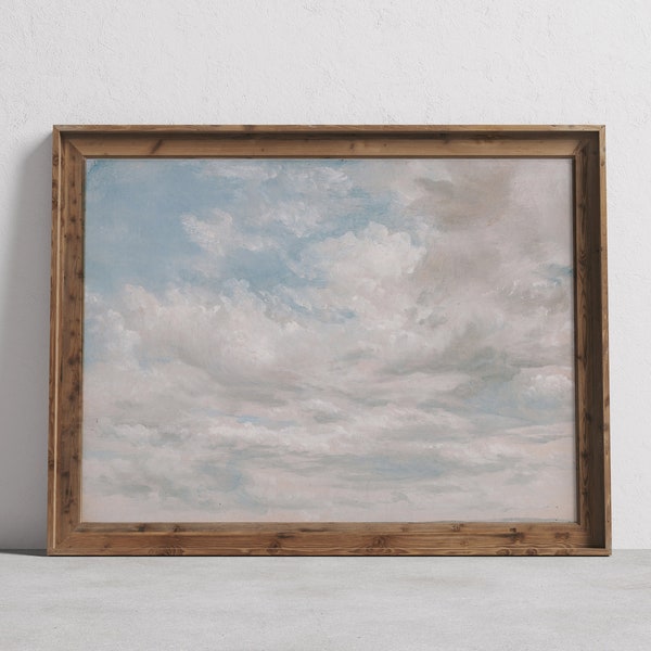 Vintage Fluffy Clouds Painting, Nursery Wall Art, Neutral oil painting, large wall art, Sky Prints, Printable wall art | DIGITAL Download