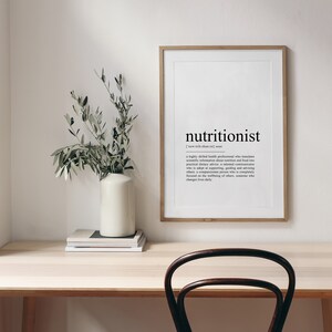 May include: A framed print with the word "nutritionist" and its definition. The print is hanging on a white wall above a wooden desk with a vase of green branches and a stack of books.