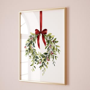 PRINTABLE Christmas Wreath Print, Christmas Bow Print Red Bow Holiday Decor Xmas Poster Red Christmas Bow Wall Art Digital Prints Download