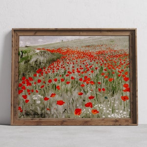 Spring Meadow Painting Vintage Landscape Print Red Poppy Wildflower Field Antique Spring Wall Decor Farmhouse cottagecore PRINTABLE Download