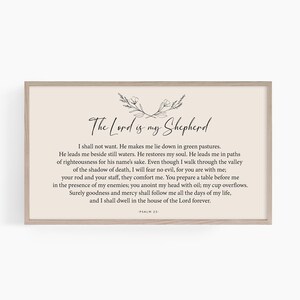 Puede incluir: Una impresi&oacute;n de pared beige imprimible con un dise&ntilde;o floral negro y el texto "The Lord is my Shepherd" y una cita del Salmo 23.