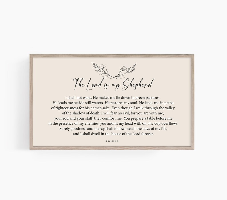 Puede incluir: Una impresi&oacute;n de pared beige imprimible con un dise&ntilde;o floral negro y el texto "The Lord is my Shepherd" y una cita del Salmo 23.