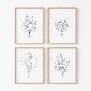 Láminas de arte lineal con flores / Juego de 4 carteles para sala de estar, arte de pared imprimible con flores, impresiones botánicas minimalistas, descarga digital para pared de galería