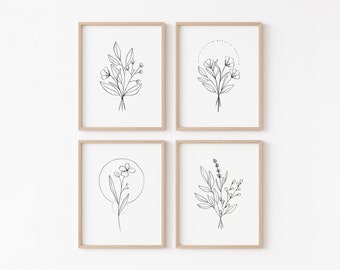 Flower Line art Prints | Set of 4 Living Room Posters, Floral Printable Wall Art, Minimal Botanical Prints, Gallery Wall Digital Download