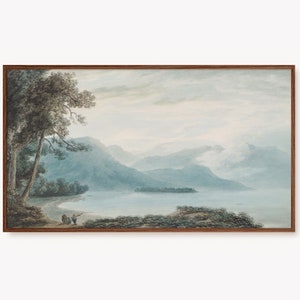 Samsung Frame TV Art Landscape Painting | Vintage Blue Mountain Lake Artwork, River Painting, Antique coastal DIGITAL Sea Art Print Download