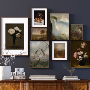 Set di 8 stampe da parete Vintage Gallery, set di stampe di dipinti di fiori antichi, bundle digitale di arte murale paesaggistica, decorazioni artistiche originali / STAMPABILE