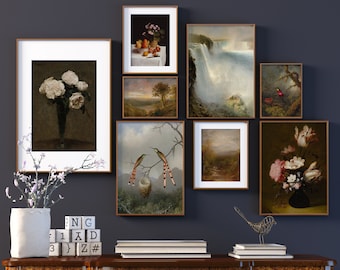 Vintage Gallery wall set of 8 prints, Antique Flower paintings print set, Landscape Wall Art Digital Bundle, original art decor | PRINTABLE