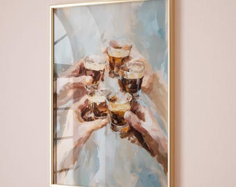 Può includere: Stampa artistica incorniciata raffigurante un brindisi con cinque bicchieri di una bevanda scura. Il dipinto mostra mani che tengono i bicchieri, su uno sfondo blu e bianco tenue. La cornice è dorata.