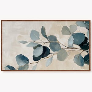 May include: A painting of a branch of eucalyptus leaves in shades of blue and green against a light beige background.