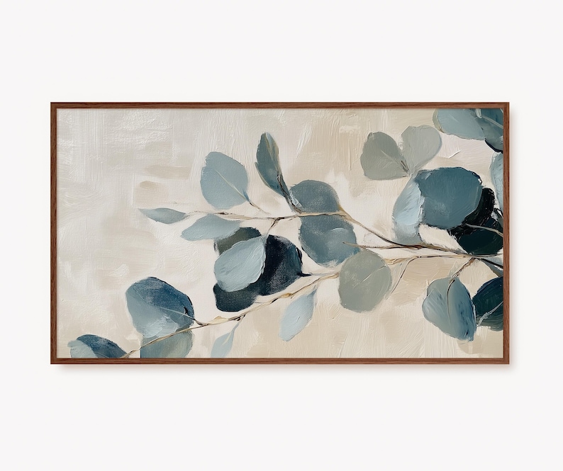 May include: A painting of a branch of eucalyptus leaves in shades of blue and green against a light beige background.