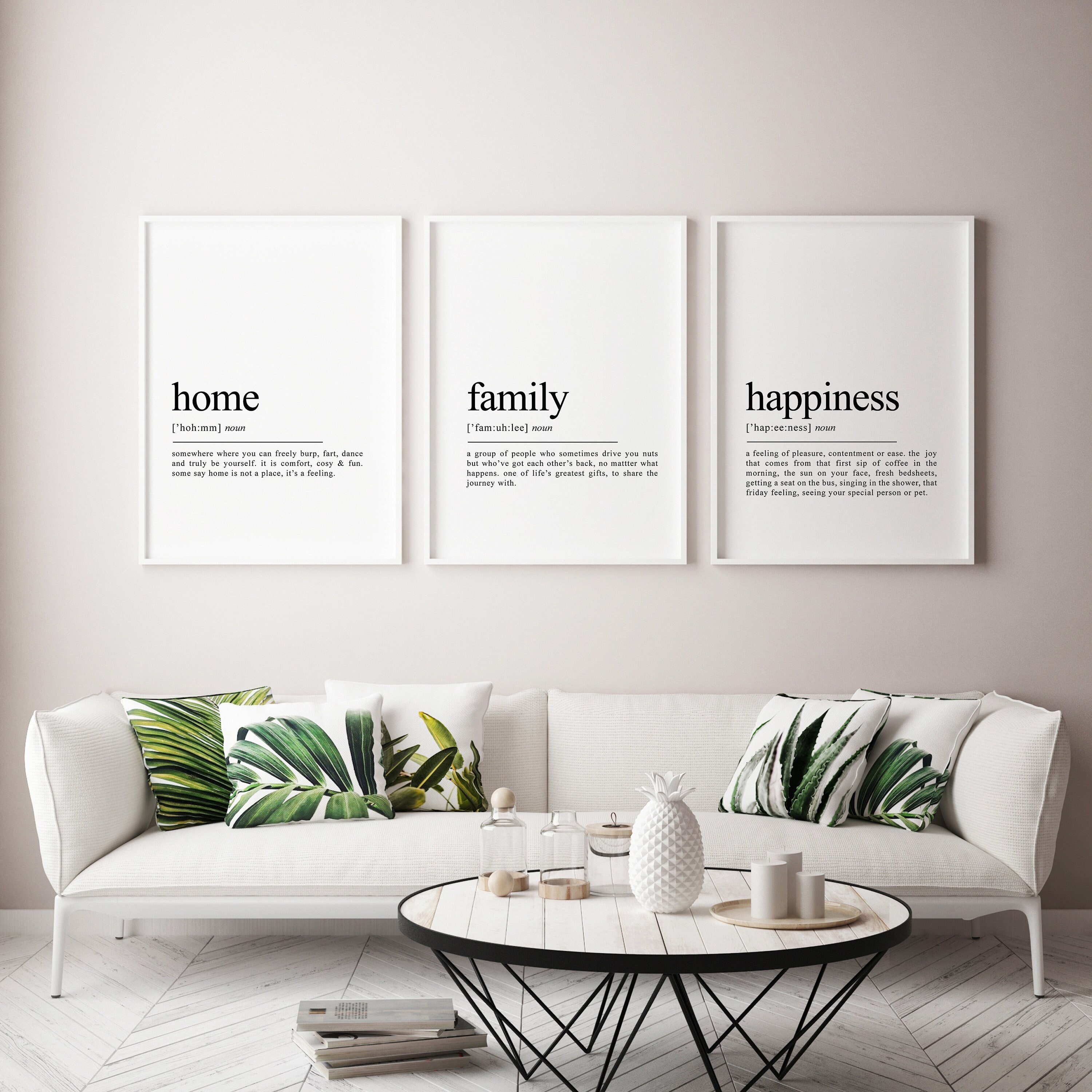 Set of 3 Prints, Living Room Wall Art, Home Family Happiness Definition ...