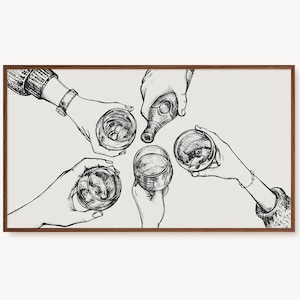 Samsung Frame TV Art Retro Cheers Sketch, Home Bar Wall Decor, Trendy Modern Wine Glasses Drawing Alcohol Digital Prints, Instant Download