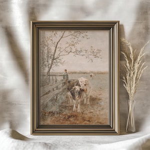 Vintage Cow Print French Country Wall Art Summer Country Landscape Art Rustic Farmhouse Wall Decor Antique Autumn Pasture Painting Download
