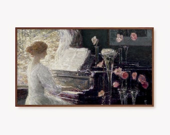 Samsung Frame TV Art Vintage Portrait Painting / Donna al pianoforte Antique Wall Art, Victorian Fine Art Print per la TV / Digital Download
