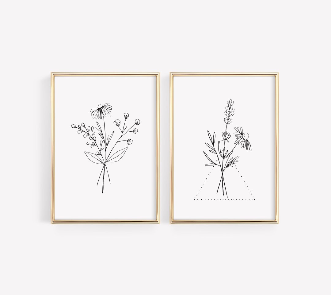 Line Art Botanical Prints, Flower Bouquet Wall Art, Set of 2 Floral