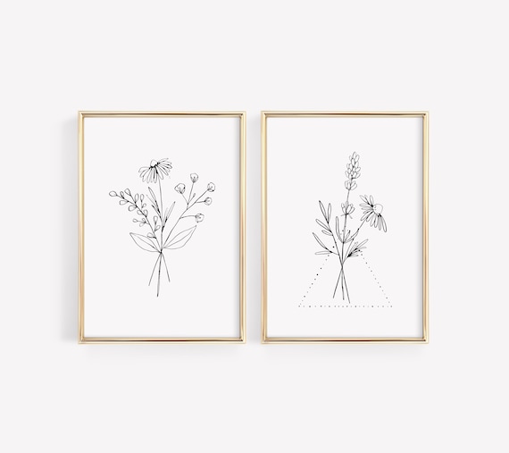 Line Art Flower Bouquet Prints Set of 2 Bathroom Wall Art, Minimalist Floral Wall Decor (Digital Download)