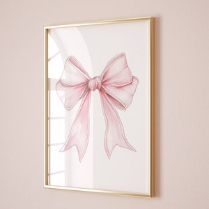 Impresión para dormitorio infantil con lazo rosa, Póster estético de coqueta grandmillenial, Decoración de apartamento de moda, Lazos vintage, Cinta para habitación de niña bebé, Descarga imprimible