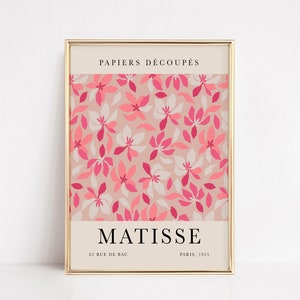 May include: A framed print with a pink and white floral pattern. The text "PAPIERS D&Eacute;COUP&Eacute;S" is at the top of the print. The text "MATISSE" is at the bottom of the print, along with the text "82 RUE DE BAC PARIS, 1935".