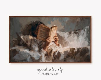 Donna che legge un dipinto a olio, cornice Samsung Moody, arte TV femminile (download digitale)